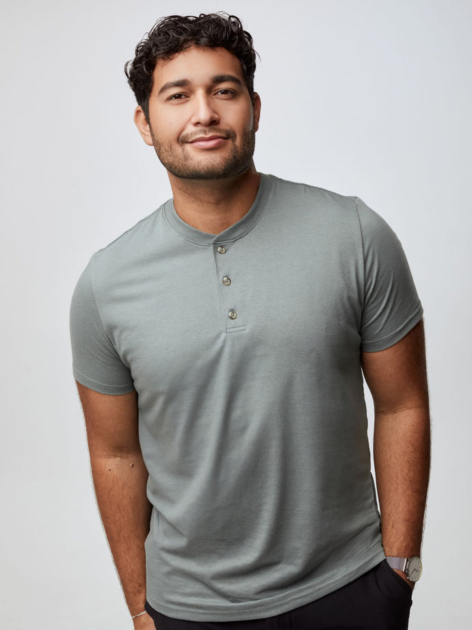 Matheus is 6', 210LBS and wears a size XL # Mercury Green Short Sleeve Henley | Fresh Clean Threads