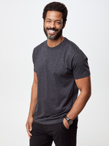 Jarrett is 6', 168lbs and wears a size M # Jarret is wearing the Charcoal Crew Neck Tee with proprietary Stratusoft Fabric | Fresh Clean Threads Canada