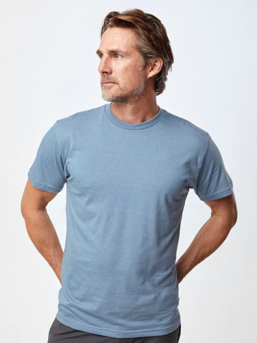 Ariel is 6'1, 175lbs and wears a size M # Wedgewood Crew Neck Tee for Men | Fresh Clean Threads