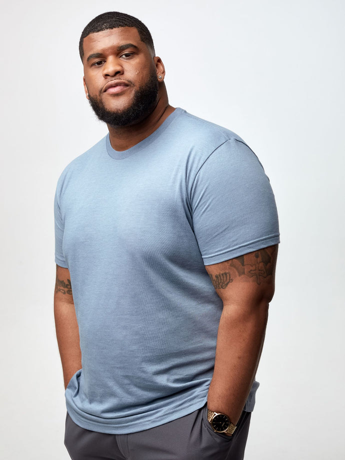 Steven is 6', 275lbs and wears a size 3xl # Cool Colors Crew Neck 5-Pack | Fresh Clean Threads