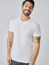 Patrick is 5'10", 163LBS and wears a size M # White Crew Neck T-Shirts | white tee for layering under dress shirts