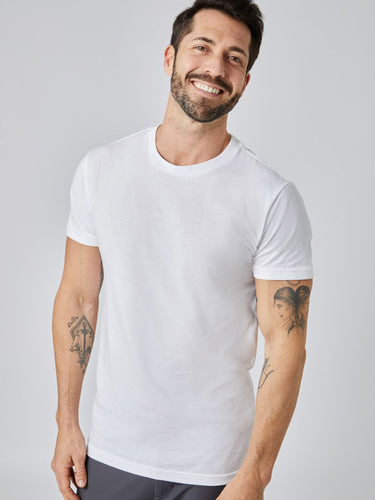Patrick is 5'10", 163LBS and wears a size M # White Crew Neck T-Shirts | white tee for layering under dress shirts