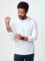 Jarrett is 6', 168lbs and wears a size M # Long Sleeve Tee | White | Fresh Clean Threads