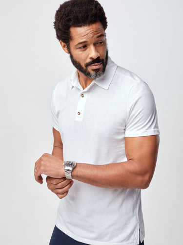 Jarrett is 6', 168lbs and wears a size M # Men's Polo in White | Fresh Clean Threads