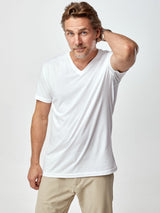 Ariel is 6'1, 175lbs and wears a size M # the best-fitting white v-neck tees on the market | Fresh Clean Threads Apparel