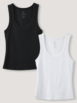 Women's ribbed tank top in white and black. soft cotton blend, 310gsm, flattering fit XS to 3X