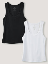 Women's ribbed tank top in white and black. soft cotton blend, 310gsm, flattering fit XS to 3X