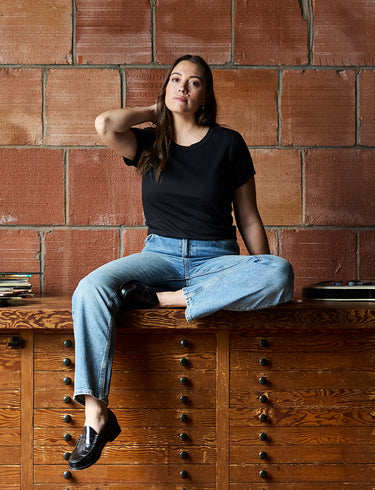 Woman wearing soft crew neck tee | FCT apparel, made for you