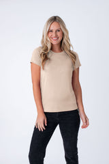 Maddy is 5'8", size 4 and wears a size S # Women's Tees | Desert | Fresh Clean Threads