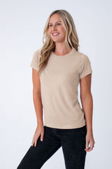 Maddy is 5'8", size 4 and wears a size S # Women's Crew Tee in Desert | Shop the best women's tees, available in sizes: XS-3X.