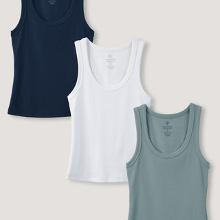 Three tank tops in navy, white, and harbor mist. best price for a multi-pack of basic ribbed tanks.