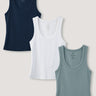 Three tank tops in navy, white, and harbor mist. best price for a multi-pack of basic ribbed tanks.