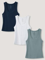 Three tank tops in navy, white, and harbor mist. best price for a multi-pack of basic ribbed tanks.
