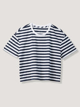 Women's striped boxy cropped tee with elbow sleeves in relaxed fit — StratuSoft fabric, all-day comfort