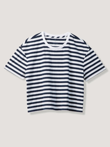 Women's striped boxy cropped tee with elbow sleeves in relaxed fit — StratuSoft fabric, all-day comfort