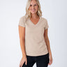 Maddy is 5'8", size 4 and wears a size S # Women's Everyday T-Shirts | Desert V-Neck Premium Tees
