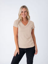Maddy is 5'8", size 4 and wears a size S # Women's Everyday T-Shirts | Desert V-Neck Premium Tees