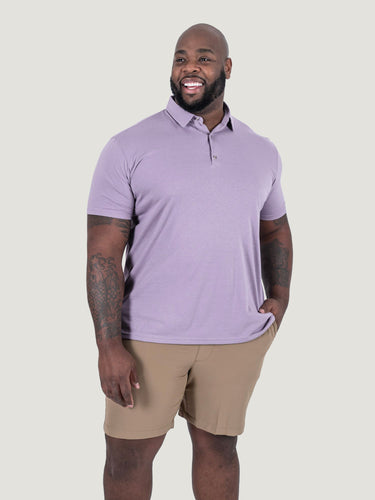 Corey is 6'2", 250LBS and wears a size 3XL # Vintage Purple Torrey Polo | Corey wears size 3XL | Fresh Clean Threads
