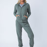 Maddy is 5'8", size 4 and wears a size S # Women's Terry Joggers in Green | Fresh Clean Threads