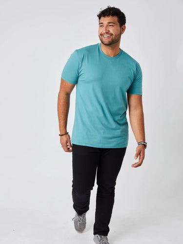 Matheus is 6', 210LBS and wears a size XL # Vintage Blue Crew Neck Tee | Vintage Crew 3-Pack Tees | Fresh Clean Threads Canada