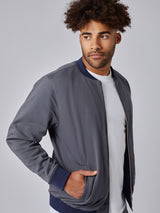Joe is 6', 180LBS and wears a size L # Navy/Charcoal Reversible Bomber | Fresh Clean Threads