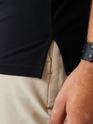 Brad is 5'9", 170LBS and wears a size M # Size Medium | Black Performance Polo | Fresh Clean Threads