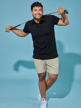 Matheus is 6', 210LBS and wears a size XL # Size XL | Black Performance Polo | Fresh Clean Threads