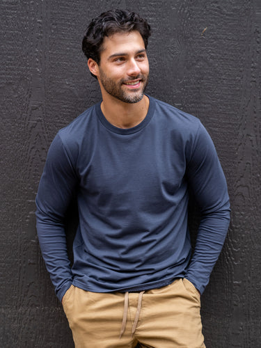 Colt is 6'2, 200lbs and wears a size M # Odyssey Blue Long Sleeve Crew Neck Lifestyle Size Medium | Fresh Clean Threads