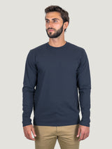 Pasha is 6' 180 lbs and wears a size M # Odyssey Blue Long Sleeve Crew Neck Studio Size Medium| Fresh Clean Threads