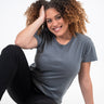Micah is 5'9, size 10 and wears a size L # Women's Slate Crew Neck Tee | Micah Studio Size Large | Fresh Clean Threads