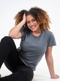 Micah is 5'9, size 10 and wears a size L # Women's Slate Crew Neck Tee | Micah Studio Size Large | Fresh Clean Threads