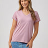 Taylor is 5'11" (size 4-6) and wears size M # Women's Chalk Pink V-Neck Top | Easy care, great style