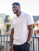 Jared is 6'3, 210lbs and wears a size L # White Polo | The Independence Pack 3-Pack Polos | Fresh Clean Threads