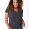Micah is 5'9, size 10 and wears a size L # Women's V-Necks | Vintage Black | Fresh Clean Threads