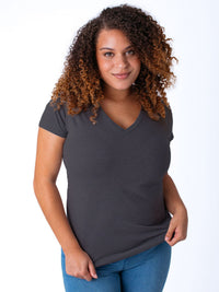 Micah is 5'9, size 10 and wears a size L # Women's V-Necks | Vintage Black | Fresh Clean Threads