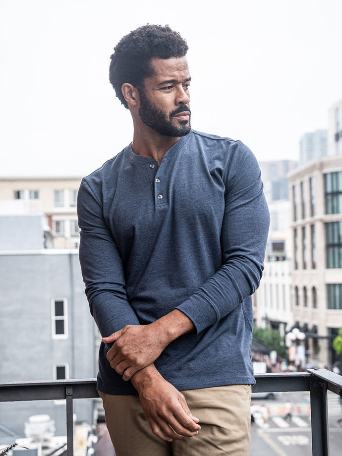 Jarrett is 6', 168lbs and wears a size M # Navy Long Sleeve Henley Lifestyle Size Medium | Fresh Clean Threads