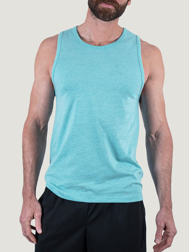 Matt is 6'1, 195LBS and wears a size M # Sky Pacific Beach Tank Top | Matt wears size Medium | Fresh Clean Threads