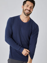 Patrick is 5'10", 163LBS and wears a size M # Thermal Long Sleeve Crew - Model in Navy Thermal Size Medium | Fresh Clean Threads
