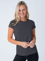 Maddy is 5'8", size 4 and wears a size S # Women's Vintage Black Crew Tee | Fresh Clean Threads
