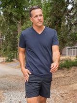 Ben is 6'1, 180lbs and wears a size M # Odyssey Blue V-Neck Athletic Lifestyle | Fresh Clean Tees