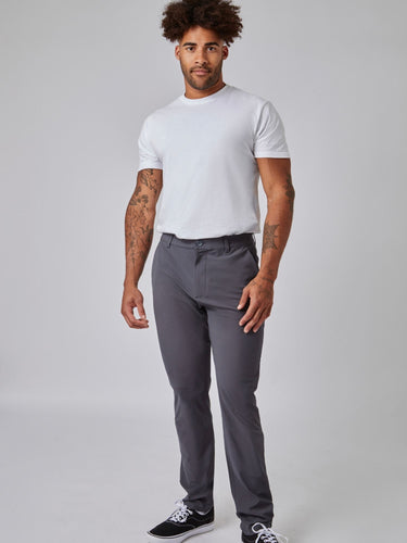 Joe is 6', 180LBS and wears a size 32x30 # Tech Pant | Stretchy| Graphite Grey | Fresh Clean Threads