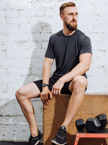 Nate is 6'4", 200LBS and wears a size LT # Charcoal Performance Crew Lifestyle Size LT | Fresh Clean Threads