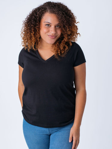 Micah is 5'9, size 10 and wears a size L # Women's Black V-neck tee | Fresh Clean Threads