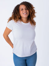 Micah is 5'9, size 10 and wears a size L # Women's Basic White Crew Neck | premium women's t-shirts