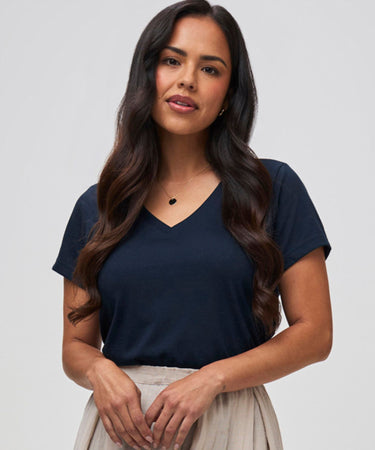 Nathalie is 5'6" and wears a size S # Women's Dark Navy V-Neck | Women's Collection at Fresh Clean Threads