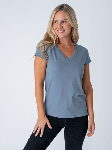 Maddy is 5'8", size 4 and wears a size S # Women's Best Sellers V-Neck 5-Packs T-Shirts| Bold Spring Colors